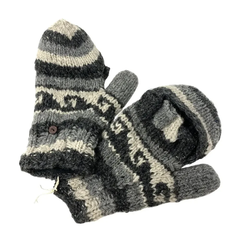 100% Wool Convertible Mittens Fingerless Gloves Nepal Gray Fair Isle Hand Knit